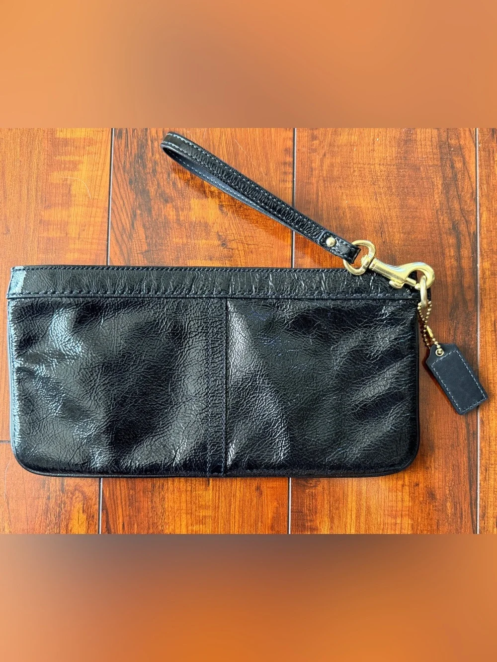 Coach F13269 Black Crinkled Patent Leather Large Wristlet Clutch